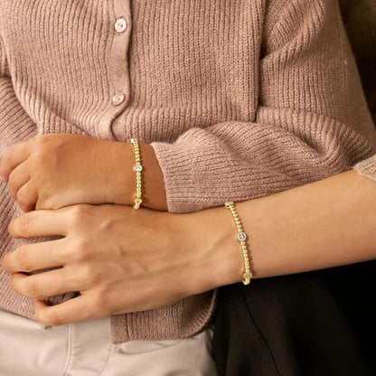 M MOOHAM Gold Beaded Charm Bracelets for Women Girls Non Tarnish | 14K Gold Plated, Dainty CZ Heart Smile Face Cross Charm Stretch Bead Bracelet for Women Teenage Teen Girls - color: Round CZ