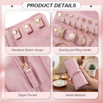 Tondiamo 1 Pcs Velvet Jewelry Roll Luxury Travel Jewelry Case for Ring Necklace Earring Bracelet Storage Bag Women Bridesmaid Gift (Pink) - color: Pink