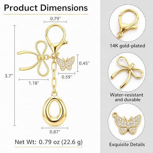 Gold Bubble Heart, Cherry, Bow & More Designs Letter Initial Keychain Bag Charms – Cute Purse Charms for Handbags - color: Bow & Butterfly, style: O