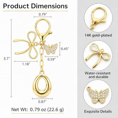 Gold Bubble Heart, Cherry, Bow & More Designs Letter Initial Keychain Bag Charms – Cute Purse Charms for Handbags - color: Bow & Butterfly, style: O