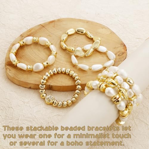 BROCC 8PCS Gold Beaded Bracelets for Women Simulated Pearl Beaded Bracelets | Simulated Pearl Beaded,Lightweight Feel,Durable Elastic Cord Design,Comfortable Fit for Most Wrists,Stylish and Versatile