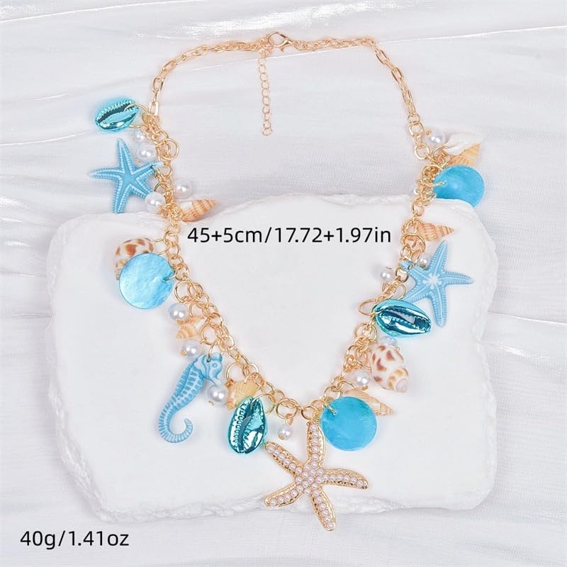 JNF Cute Shell Conch Boho Charm Necklace for Women Sun Moon Star Coin Heart Flower Boot Bow Charms Necklaces Summer Beach Jewelry - color: beachy sea shell conch blue