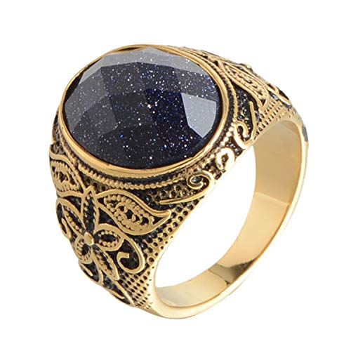 Retro Unisex Stainless Steel Oval Gemstone Hollow Flower Carved Signet Ring - color: Gold Black-Blue
