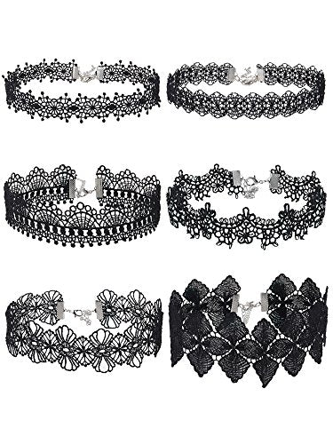 Mudder Choker Necklace Black Halloween Choker Lace Gothic Necklace for Women, Black, 6 Pieces