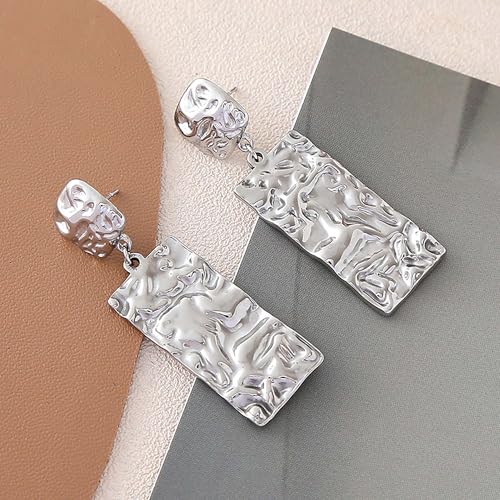 Large Geometric Drop Dangle Earrings for Women Pearl Teardrop Disc Rectangle Oval Fishtail Shell Shaped Textured Dangle Studs Earrings for Women - color: Silver-Rectangle