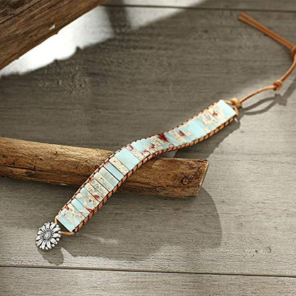 Plumiss Women Boho Handmade Natural Stone Crystal Leather Bead Wrap Bracelets Collection - style: Agalmatolite