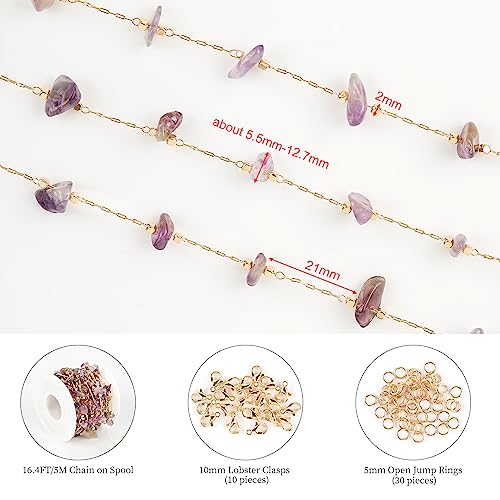KYUNHOO 5M KC Gold Plated Brass Chain for Jewelry Making Supply Findings | Purple Irregular Natural Stone Necklace Chains Bulk Charm Crafting Chain with Jump Rings lobster Clasps for Women Men DIY - color: Natural Stone-Purple