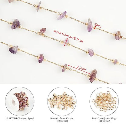 KYUNHOO 5M KC Gold Plated Brass Chain for Jewelry Making Supply Findings | Purple Irregular Natural Stone Necklace Chains Bulk Charm Crafting Chain with Jump Rings lobster Clasps for Women Men DIY - color: Natural Stone-Purple