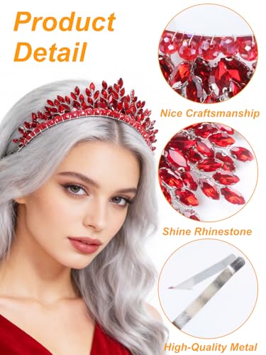 Bridal Rhinestone Headband Wedding Hair Accessories for Women, Pearl Crystal Headband Wedding Costume Headpieces for Brides Princess Quinceanera Christmas Party Prom Birthday(Red) - color: Red