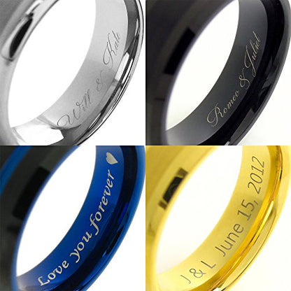 Engraved Personalized 6mm/8mm Brushed Finish Black Tungsten Carbide Band Ring w/Metallic Orange Stripe & Matching Anodized Aluminum Inner Band.