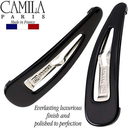 Camila Paris AD90/2 French Hair Barrettes Clips, Snap Hair Slides Clic Clac for Women, Styling Girls Side Slide-in Metal Snap Pin Hair Accessories for Women. Strong Hold, No Slip Grip, Made in France - color: Black 3"