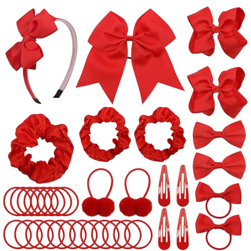 LACGO Pack of 37 School Uniform Hair Bow Accessories - Christmas Grosgrain Hair Clips Bow Headband Ribbon Alligator Ponytail Holder for Toddlers Teen Girls Christmas Party Prom (Red) - color: Red