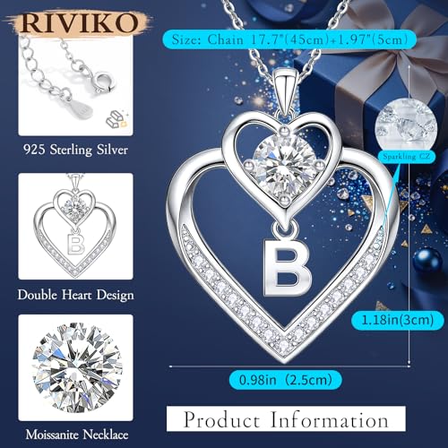 RIVIKO 1 Carat Moissanite Heart Initial Necklace for Women,Letter Pendant | 925 Sterling Silver Chain,Personalized Jewelry,Anniversary Birthday Gifts for Wife Friend Mom - color: Letter B
