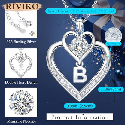 RIVIKO 1 Carat Moissanite Heart Initial Necklace for Women,Letter Pendant | 925 Sterling Silver Chain,Personalized Jewelry,Anniversary Birthday Gifts for Wife Friend Mom - color: Letter B