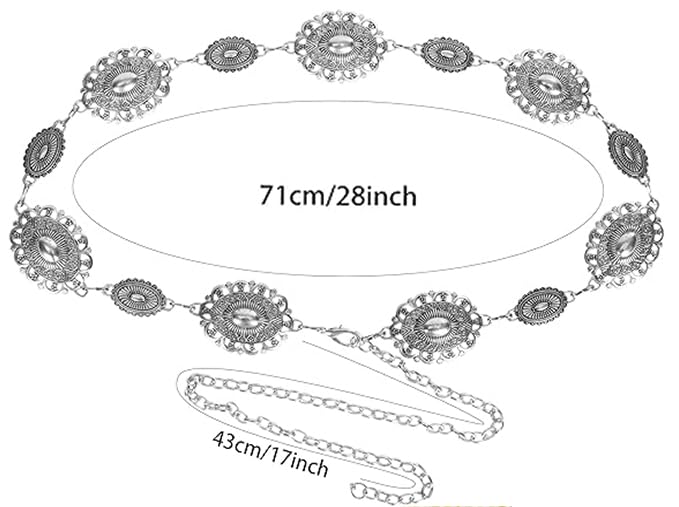 Women Western Concho Chain Belt - Fashion Gold Metal Waist Cowgirl Belt for Dresses Jeans - color: Silver