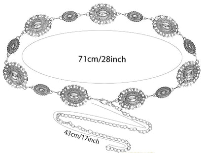 Women Western Concho Chain Belt - Fashion Gold Metal Waist Cowgirl Belt for Dresses Jeans - color: Silver