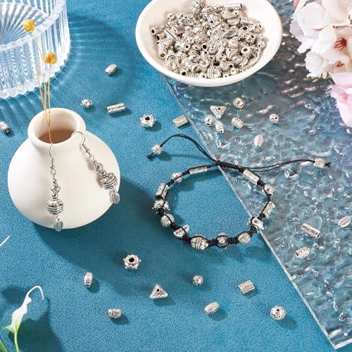 Craftdady 150pcs Antique Silver Tibetan Style Alloy Beads Rectangle Round Column Flat Round Column Leaf Oval Metal Spacer Beads Retro Craft Loose Bead 5.5-12 mm for DIY Bracelet Jewelry Making - color: Antique Silver 15 Style