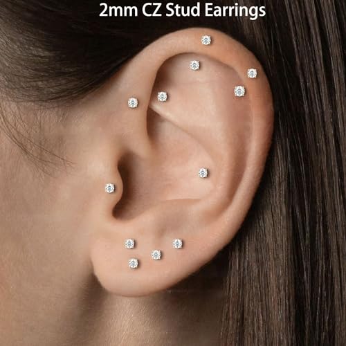 Threadless Flat Back Earrings, Hypoallergenic 14K Real Gold Plated CZ Stud Earrings | Cartilage Earring | Tragus Helix Piercing Jewelry | Push in Flatback Earrings for Women Men - color: Rose Gold, size: 2 Millimeters