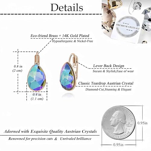 Austrian Crystal Teardrop Leverback Drop Earrings for Women | 14K Gold-Plated Finish, Sparkling Pear Stone, Smooth Bezel Frame, Secure Leverback Closure, Dainty Day-To-Evening Style - color: Rainbow