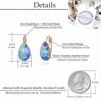 Austrian Crystal Teardrop Leverback Drop Earrings for Women | 14K Gold-Plated Finish, Sparkling Pear Stone, Smooth Bezel Frame, Secure Leverback Closure, Dainty Day-To-Evening Style - color: Rainbow
