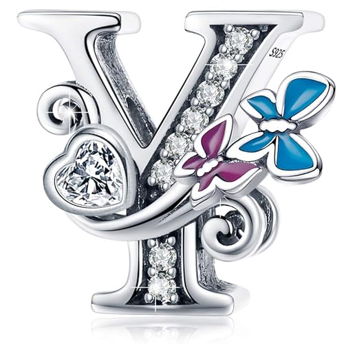 S925 Silver Butterfly Initial Letter Charms Fit for Pandora Charms Bracelets and Necklace Alphabet Bead Charms Jewelry Gifts for Women - color: Y
