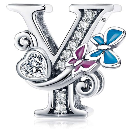 S925 Silver Butterfly Initial Letter Charms Fit for Pandora Charms Bracelets and Necklace Alphabet Bead Charms Jewelry Gifts for Women - color: Y