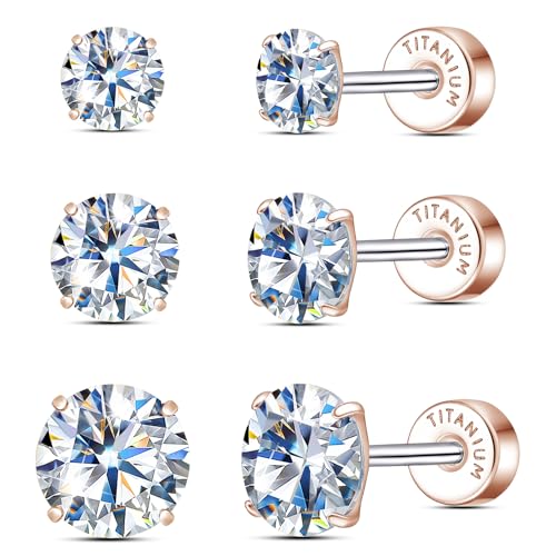 Limerencia Moissanite Stud Earrings, 3 Pairs Titanium Screw Back Earrings | D Color VVS1 Clarity Lab-created Moissanite Earrings, Hypoallergenic G23 Pure Titanium for Women Men Sensitive Ears - color: Rose Gold S