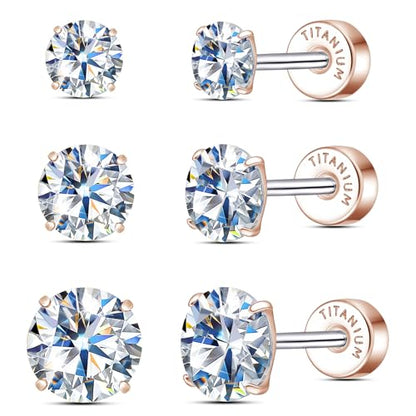 Limerencia Moissanite Stud Earrings, 3 Pairs Titanium Screw Back Earrings | D Color VVS1 Clarity Lab-created Moissanite Earrings, Hypoallergenic G23 Pure Titanium for Women Men Sensitive Ears - color: Rose Gold S