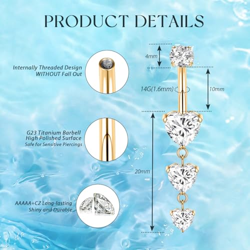 GAGABODY G23 Titanium Dangly Belly Button Ring Long Belly Rings Belly Piercing Jewelry 14G 3/8 inch 10mm Navel Barbell CZ Navel Piercing Ring - color: Style2:Gold+Dangle Heart Shape Clear CZ