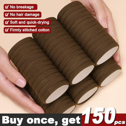 IKOCO 150PCS Hair Ties for Women, No Damage, Brown | Cotton Ponytail Holders, Value Pack, Seamless Elastic, No Breakage, No Crease, Durable Hold, for Thick & Curly Hair - color: Brown