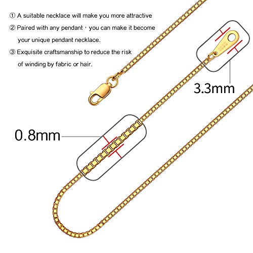 925 Sterling Silver Chain Necklace for Women 0.8mm Box Chain, Italian Necklace Chain, Super Strong & Thin & Long16/18/20/22/24 Inches - color: Yellow Gold, size: 18 Inch