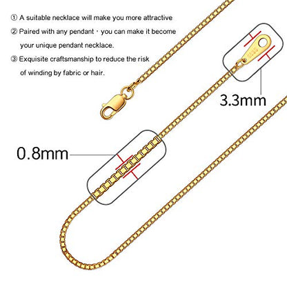 925 Sterling Silver Chain Necklace for Women 0.8mm Box Chain, Italian Necklace Chain, Super Strong & Thin & Long16/18/20/22/24 Inches - color: Yellow Gold, size: 18 Inch