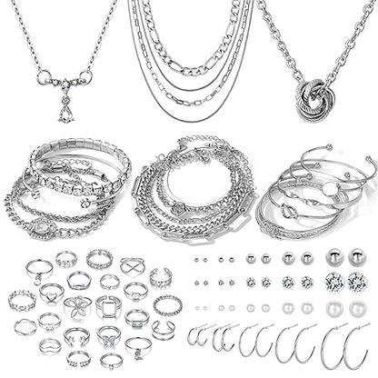 IFKM 36 PCS Silver Plated Jewelry Set with 3 PCS Necklace, 12 PCS Bracelet, 7 PCS Ear Cuffs Earring, 14 Pcs Knuckle Rings for Women Valentine Anniversary Birthday Friendship Gift - color: 41pcs Fashion Silver