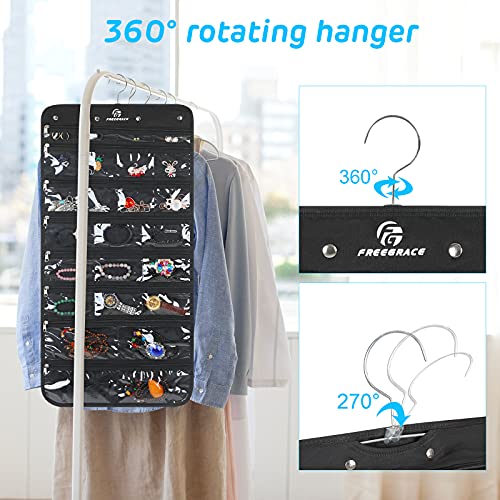 Hanging Jewelry Organizer with 50 Transparent Pockets, 360° Rotating Hanger & Secure Zipper Closure - Foldable Double Sided Jewelry Storage Bag for Earrings, Rings, Necklaces, Bracelets (Black)