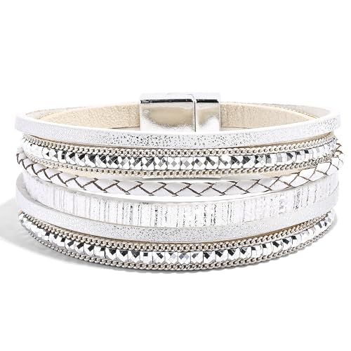 VIBILIA Boho Leather Wrap Bracelets for Women Multi-Layer Bracelets | With Strong Clasp Jewelry for Women - color: 03-BohoBraid-White