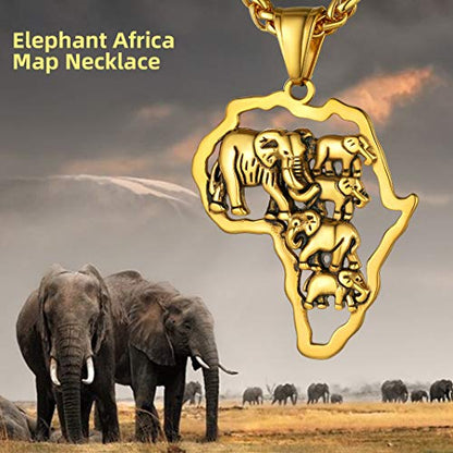 GOLDCHIC JEWELRY Africa Map Necklace for Men, Stainless Steel African Tribal/Egyptian Eye of Horus/I LOVE AFRICA/Elephant Map Hiphop Jewelry Unisex with 22'+2'Adjustable Chain - color: Elephant - Gold, style: No Customization