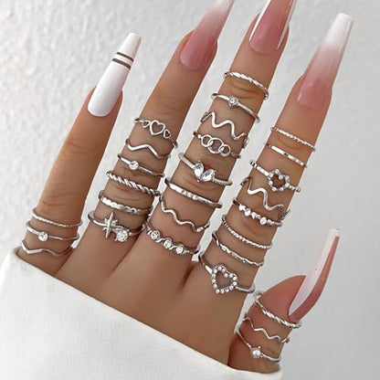 Gold Rings for Women Non Tarnish Stackable Rhinestone Moon Star Rings Dainty Stacking Pearl Butterfly Midi Pinky Thumb Joint Finger Knuckle Ring Set Gold Non Tarnish Jewelry Gifts Trendy Stuff - color: D Silver Stackable Rings 28Pcs