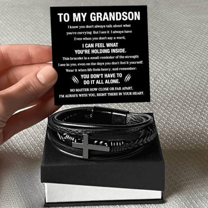 To My GrandSon Bracelet – Cross Braided Leather Bracelet, Meaningful GrandSon Gift from Grandpa & Grandma with Heartfelt Message Card & Elegant Gift Box for Birthday, Christmas, Graduation - color: Version#4
