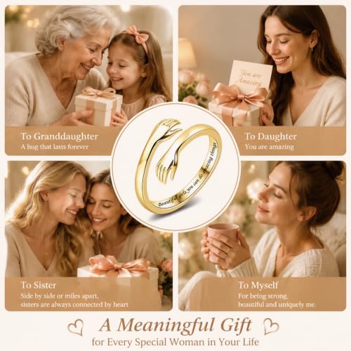 Sterling Silver Hug Ring for Women Teen Girls Adjustable Love Promise Ring Inspirational Open Rings Mothers Day Birthday Gift for Daughter Granddaughter Mom Wife Best Friend - color: 18K Gold / Daughter Gift(Beautiful g***s,you can do amazing things)