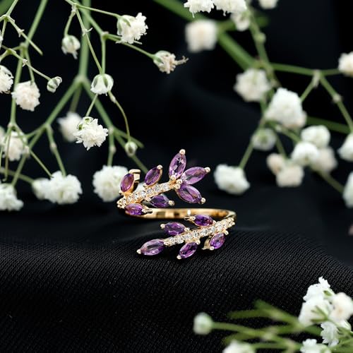 Natural Amethyst Diamond Statement Ring For Women, AAA Quality, Certified Amethyst Designer Ring - Ideal For Gift - color: 14K Yellow Gold