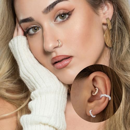 FUNLMO 316L Surgical Steel Nose Ring Septum Ring Cube Zircon Cartilage Earring Conch Tragus Helix Rook Daith Piercing Jewelry - style: 16G 8mm, Gold,crossover CZ