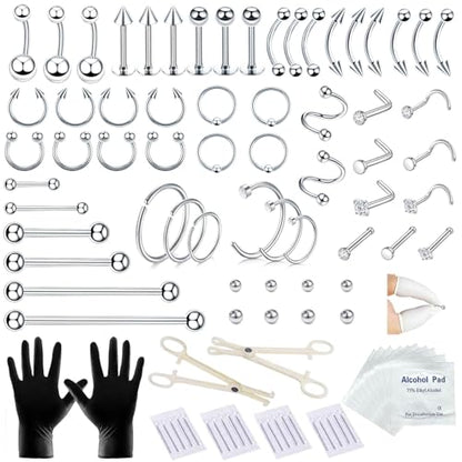 A-minusone 84+98+120PCS Body Septum Piercing Kit 14G 16G Tools for Nose Tongue Lip Ear Eyebrow Belly Button Cartilage Tragus Industrial Barbell Helix Daith Piercing Jewelry Clamps - size: 98 Pcs