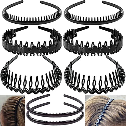ULTIMUTE 8 PCS Fashion Effortless Plastic Headbands with Teeth Comb Black Skinny Headbands No Slip Hair Accessories Bands for Women Men Teen Girls, Bright Black - color: Bright Black