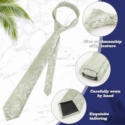Alizeal Mens Gradient Paisley Necktie and Pocket Square Set | Elegant Design Perfect for Weddings Banquets Business Formal Events - color: 170-sage Green