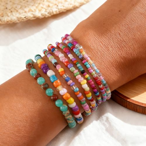 Handmade Stackable Rice Seed Beaded Ball Bracelets set for women, Romantic Boho Trendy Acrylic Glass Stretch Accessories Multi Layer Jewelry, Daily Wear Party Holiday Friendship Gift - color: Rainbow