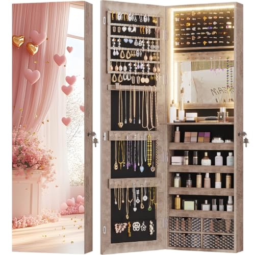 Vlsrka 47.2" LED Jewelry Cabinet, Wall Mounted Jewelry Mirror Organizer | Over The Door Hanging Jewelry Armoire Organizer, Lockable Mirror with Jewelry Storage, 4 Drawers, 5 Shelves for Women (Wood) - color: Brown, size: 47.2"