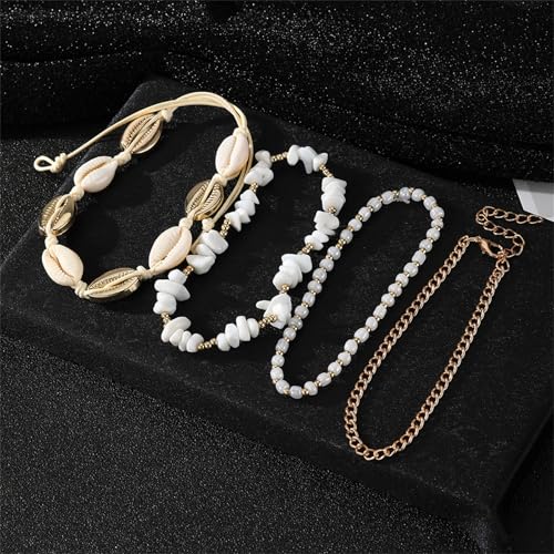 Shell Ankle Bracelet Set for Women,Boho Adjustable Beads Anklet Pack Natural White Shells Stack Stretch Seashell Pearl Starfish Bracelet Set Hawaiian Beach Vacation Foot Jewelry - style: E-Shell Beads 4Pcs