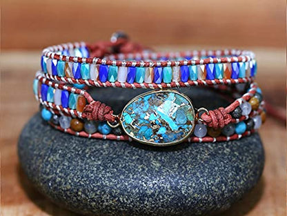Women Wrap Bracelets Boho Natural Stone Jasper Turquoises Strand Bracelet Jewelry Collection - color: Turquoise