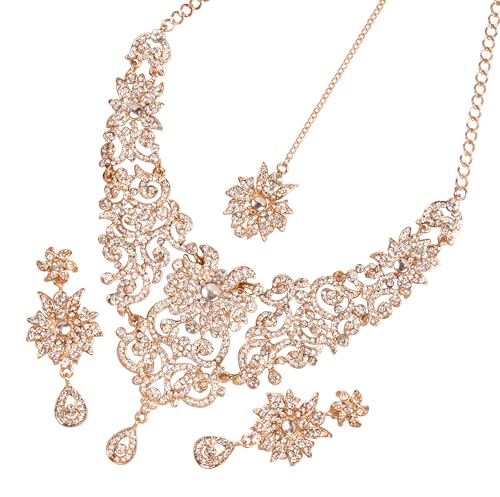 Touchstone Indian Jewelry Sets for Women Bollywood Wedding Bridal Necklace desi Earrings Formal Fancy Rhinestone India Designer Jewellery Punjabi Tikka Set in Antique Gold or Silver or White Tone - color: 1 Gold Short Earrings