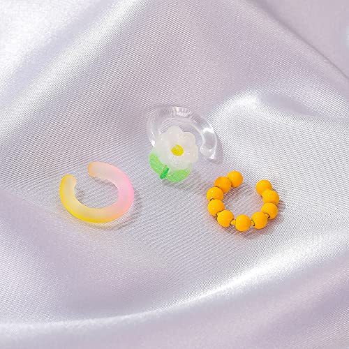 Sweet Flower Ear Cuffs Wrap Earrings for Women Acrylic Resin Colorful Bead Ball Cartilage Earring Fake Huggie Hoops Non Piercing Clip On Lovely Summer Ear Jewelry Gifts 3 PCS Set